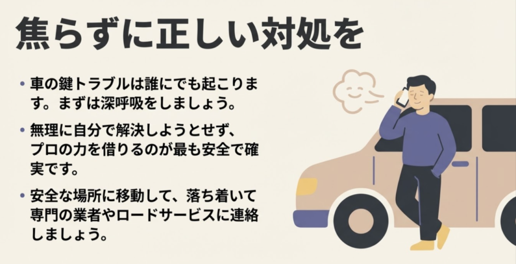 鍵トラブル時は深呼吸をし、安全な場所に移動してプロの力を借りるのが最も確実であるというメッセージ