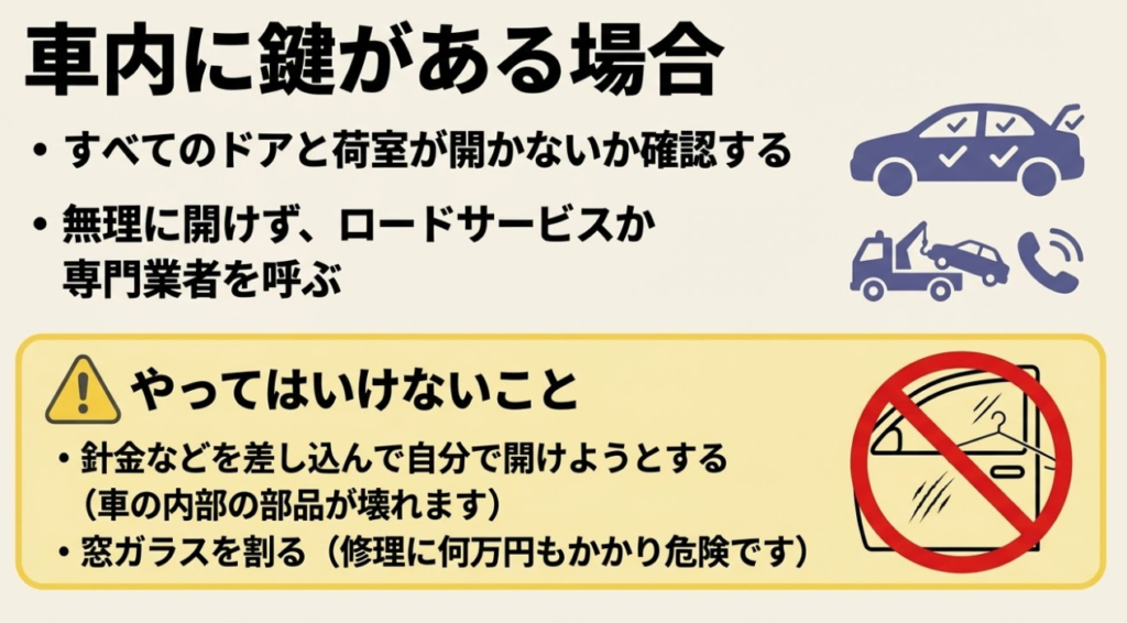 すべてのドアが開かないか確認しロードサービス等を呼ぶ手順と、針金を使ったり窓ガラスを割ったりするNG行動の解説