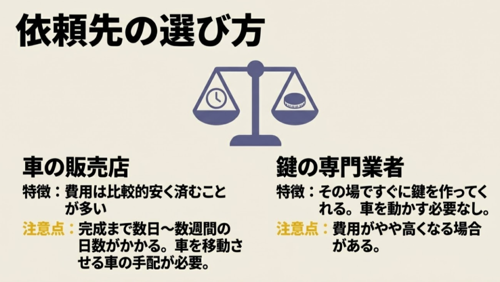 費用が比較的安く済む車の販売店と、その場ですぐに鍵を作ってくれる専門業者の特徴と注意点の比較
