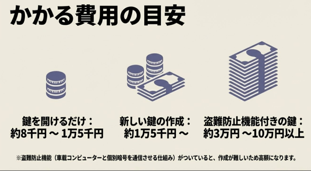 鍵開け（約8千円〜1万5千円）、新しい鍵の作成（約1万5千円〜）、盗難防止機能付きの鍵（約3万円〜10万円以上）の費用目安