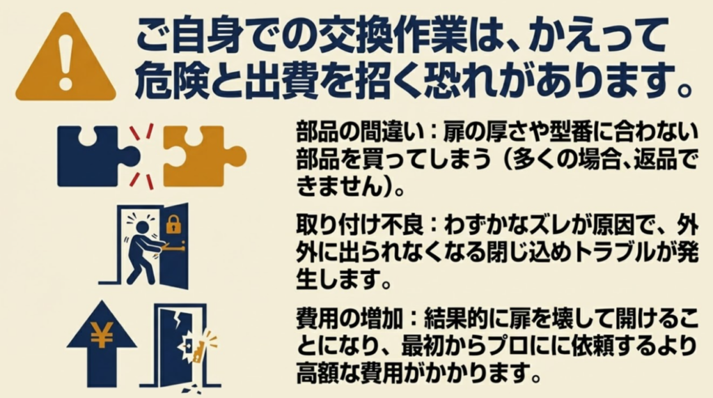 ご自身での鍵交換による部品間違いや取り付け不良などのリスクと出費