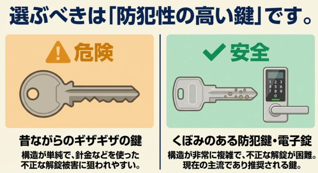 不正解錠されやすいギザギザの鍵と、防犯性が高い推奨されるディンプルキーの比較
