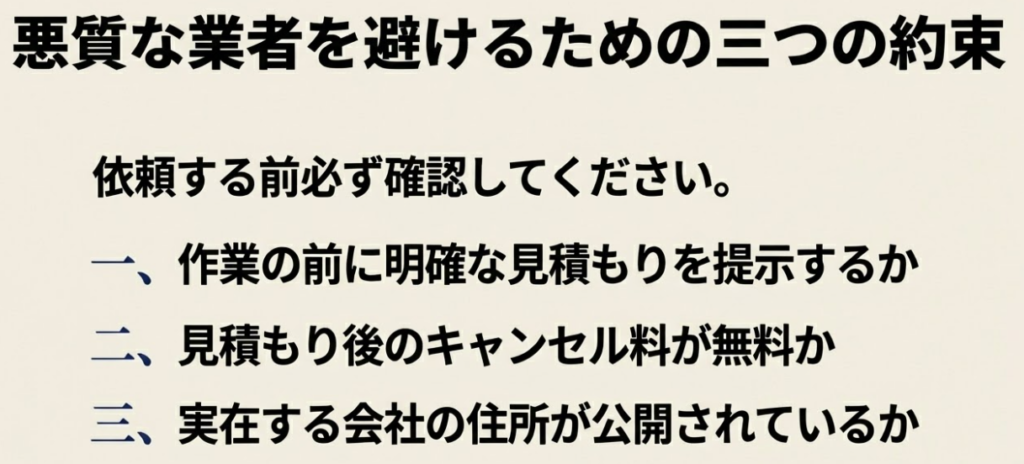 明確な見積もり、キャンセル料無料、実在する会社の住所公開という悪質な業者を避けるための三つの約束