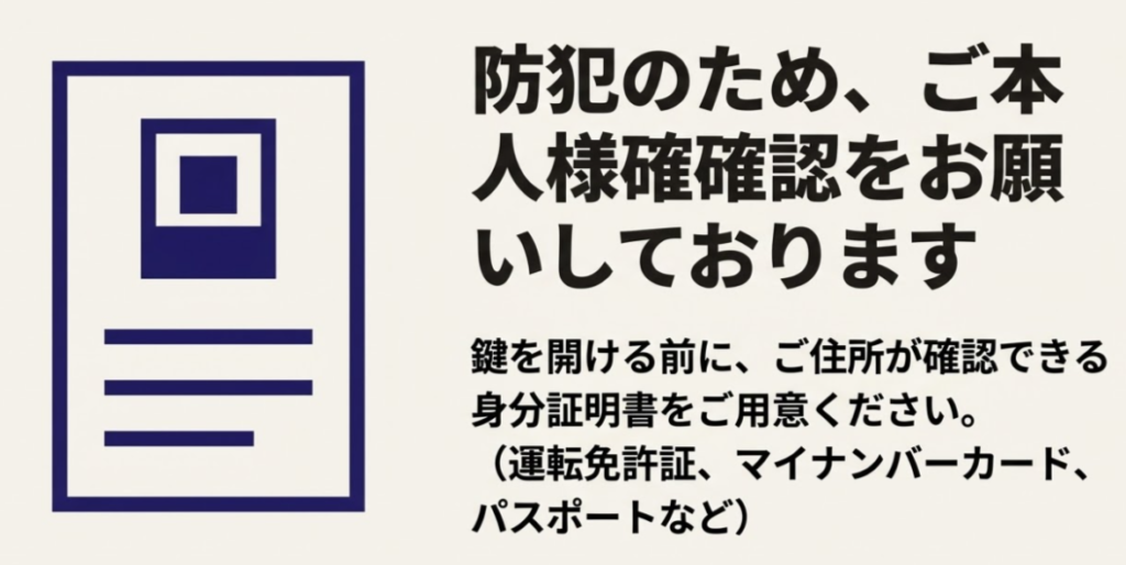 防犯のため、運転免許証やマイナンバーカードなどの身分証明書によるご本人様確認のお願い