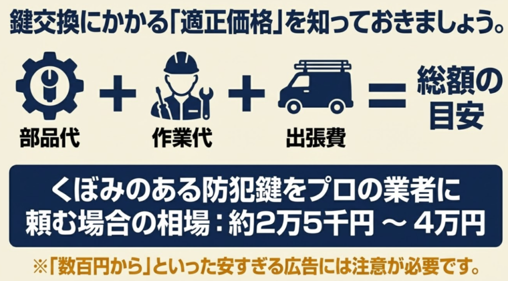 鍵交換の適正価格と、部品代・作業代・出張費の内訳および相場