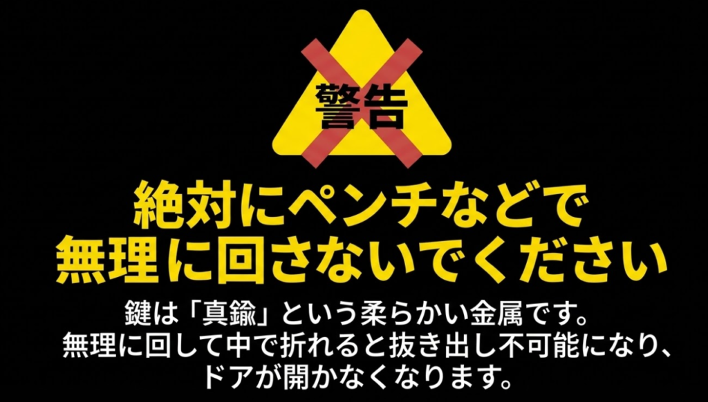 警告 絶対にペンチなどで 無理に回さないでください 鍵は「真鍮」という柔らかい金属です。 無理に回して中で折れると抜き出し不可能になり、ドアが開かなくなります。 