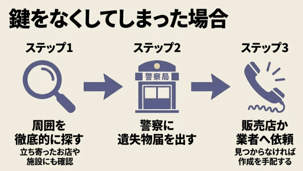 周囲を探す、警察に遺失物届を出す、販売店か業者へ作成を手配するという3つのステップ 