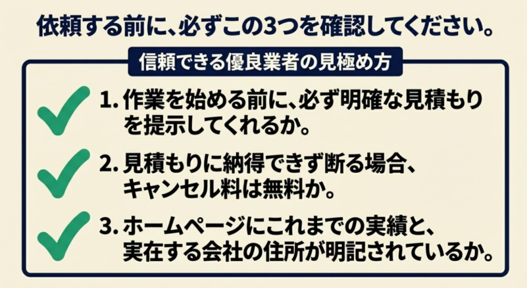 明確な見積もりの提示やキャンセル料無料など、優良業者を見極める3つのポイント