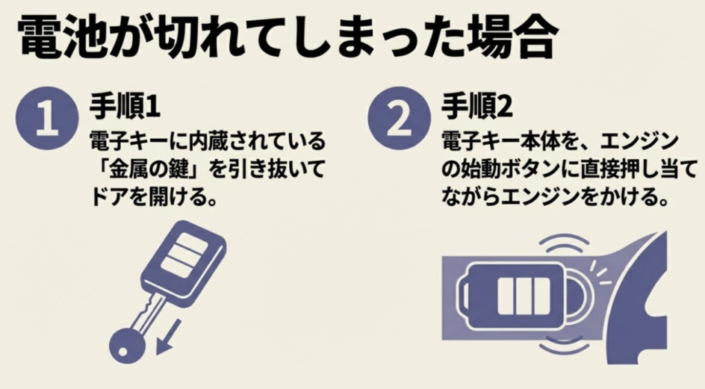 内蔵された金属の鍵を引き抜いてドアを開け、電子キー本体をエンジン始動ボタンに押し当ててエンジンをかける2つの手順