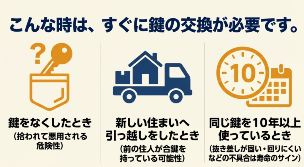 鍵をなくした時や引っ越しの時など、すぐに鍵交換が必要な3つのタイミング