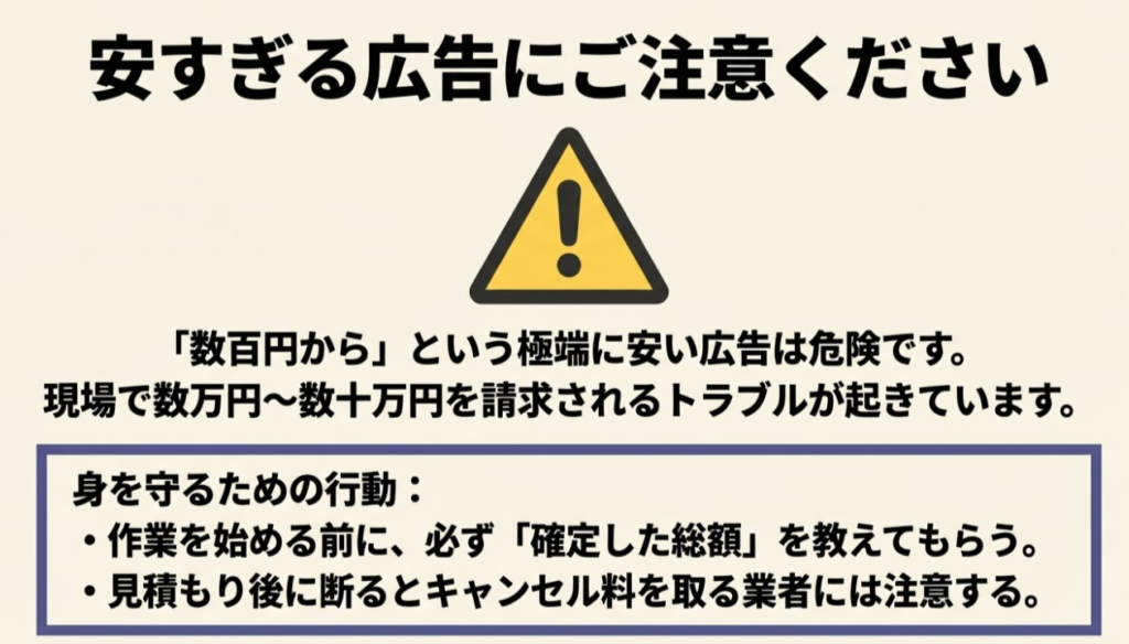 数百円からという極端に安い広告の危険性と、作業前に確定した総額を教えてもらうなどの身を守る行動